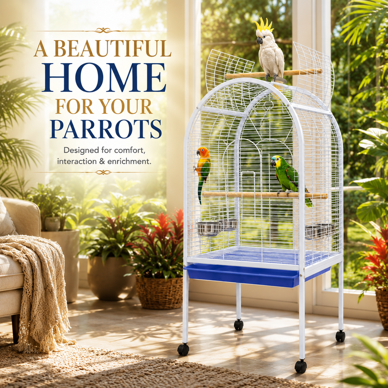 DAYANG A02 PREMIUM PARROT HABITAT WITH INTERACTIVE PLAYTOP & MOBILE STAND – 78 × 60 × 155.5 CM