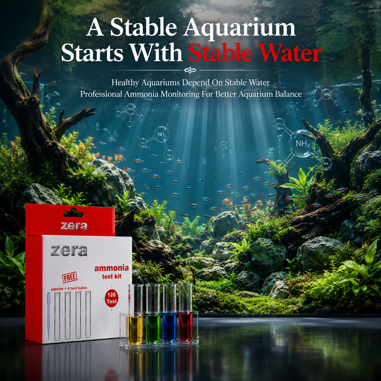 ZERA AMMONIA TEST KIT FOR AQUARIUM WATER TESTING – PROFESSIONAL AMMONIA MONITORING KIT | 120 TESTS | FAST, ACCURATE & RELIABLE RESULTS