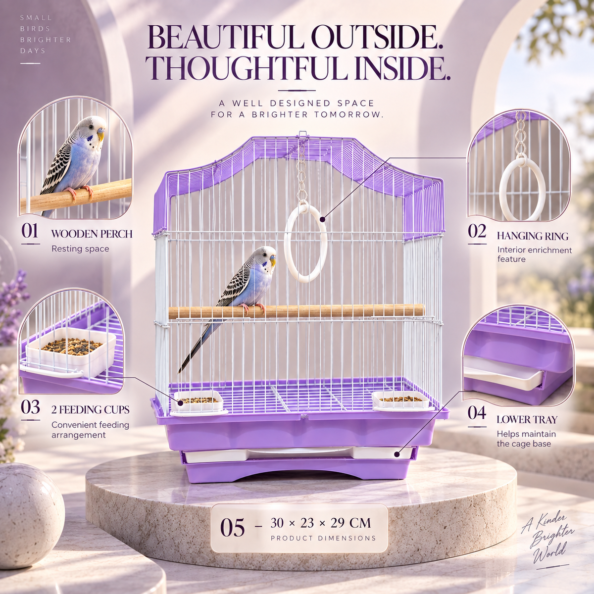 Purple & White Premium Bird Cage – 30 × 23 × 29 CM