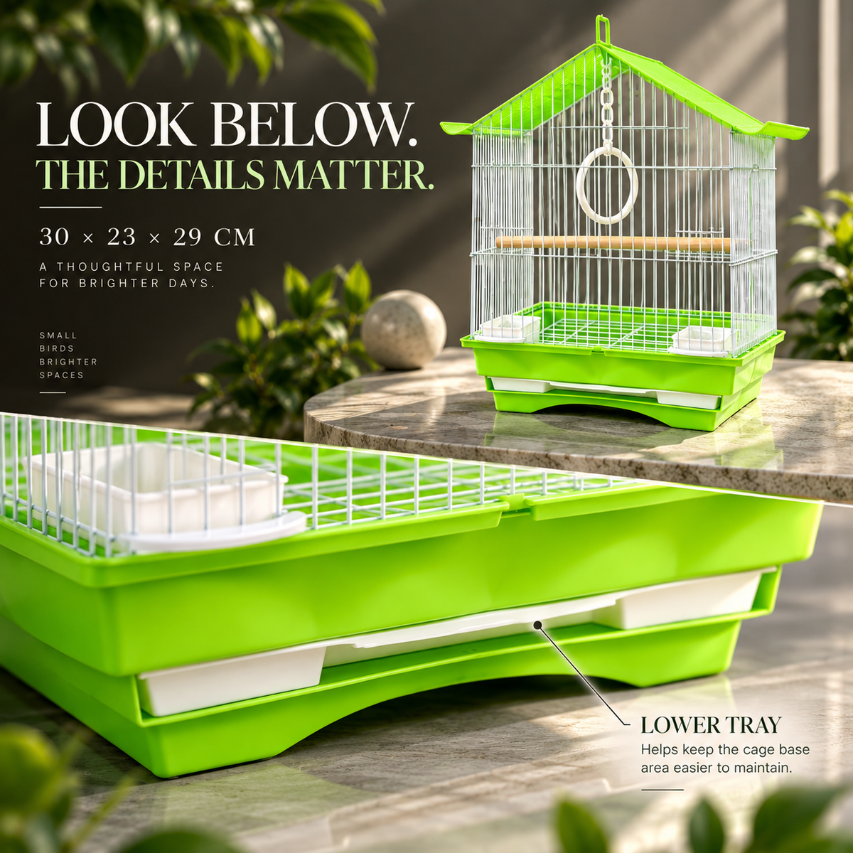 Green & White Premium Bird Cage – 30 × 23 × 29 CM
