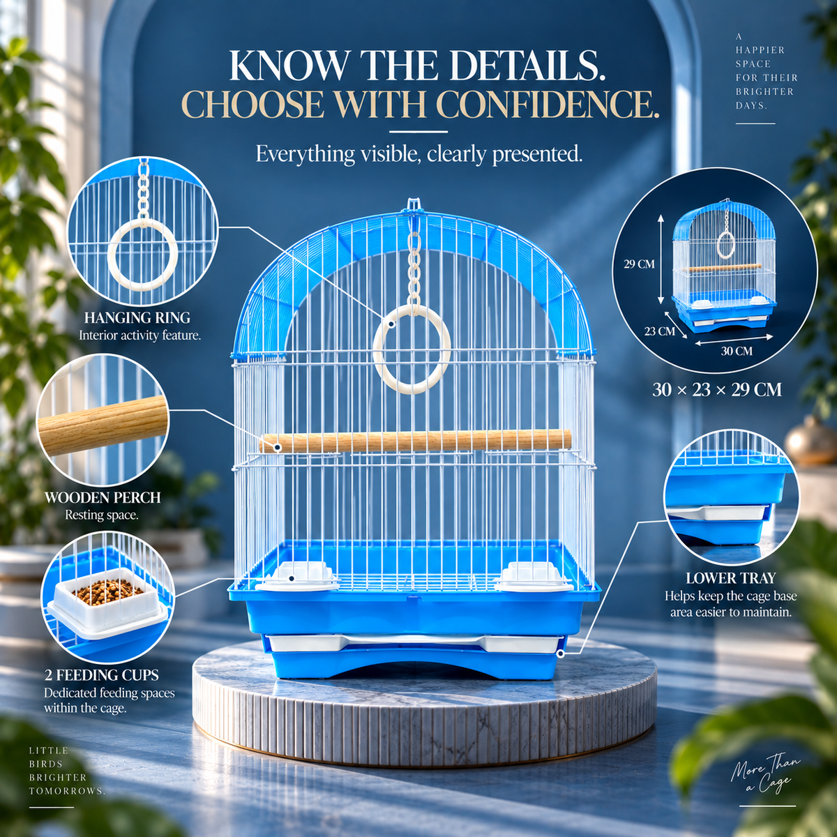 Blue & White Premium Bird Cage – 30 × 23 × 29 CM