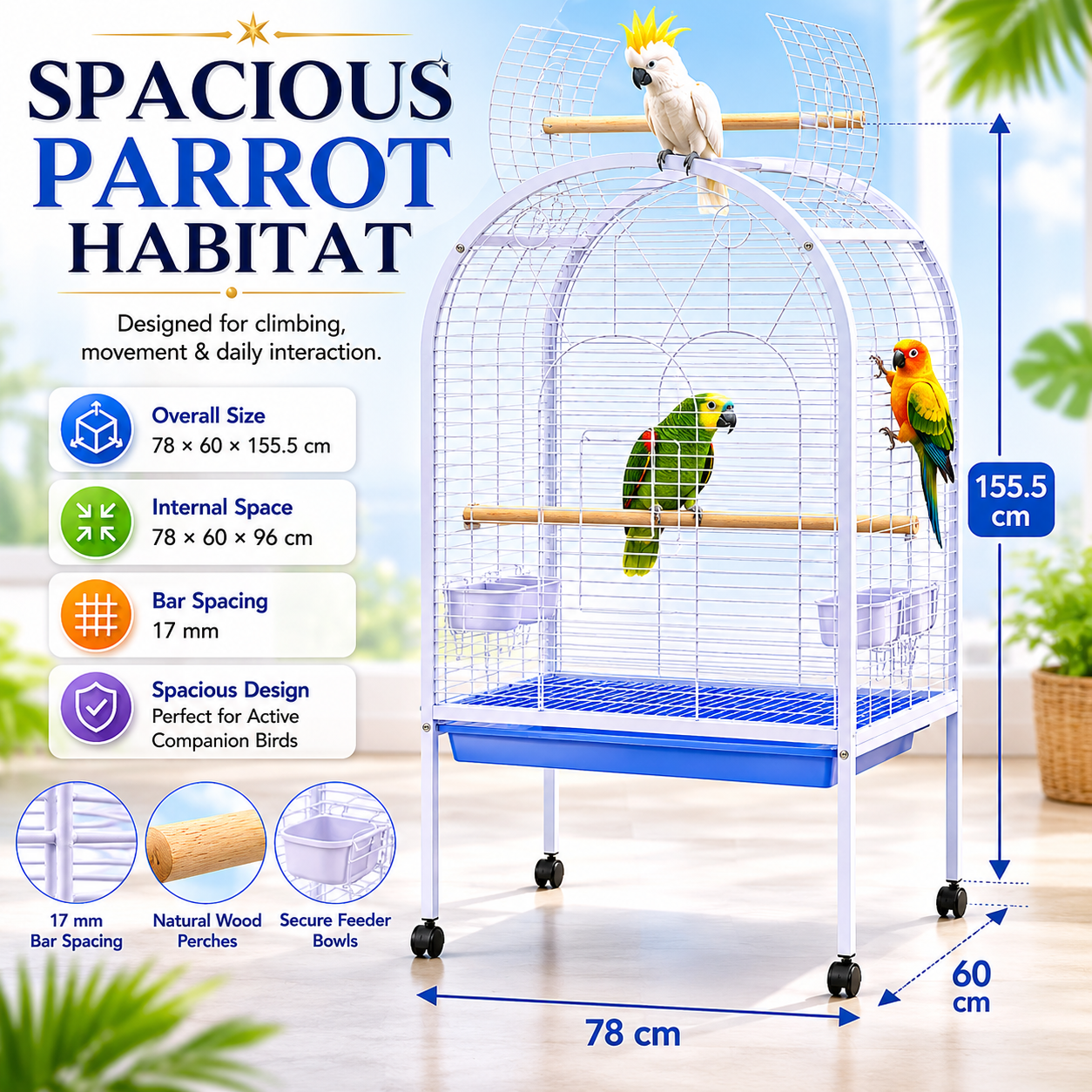 DAYANG A02 PREMIUM PARROT HABITAT WITH INTERACTIVE PLAYTOP & MOBILE STAND – 78 × 60 × 155.5 CM