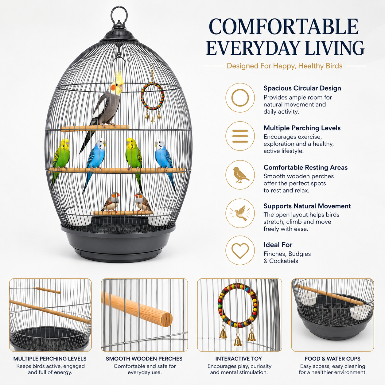 DAYANG 370 DECORATIVE HANGING BIRD CAGE FOR FINCHES, BUDGIES & COCKATIELS – 48.5 × 48.5 × 76 CM