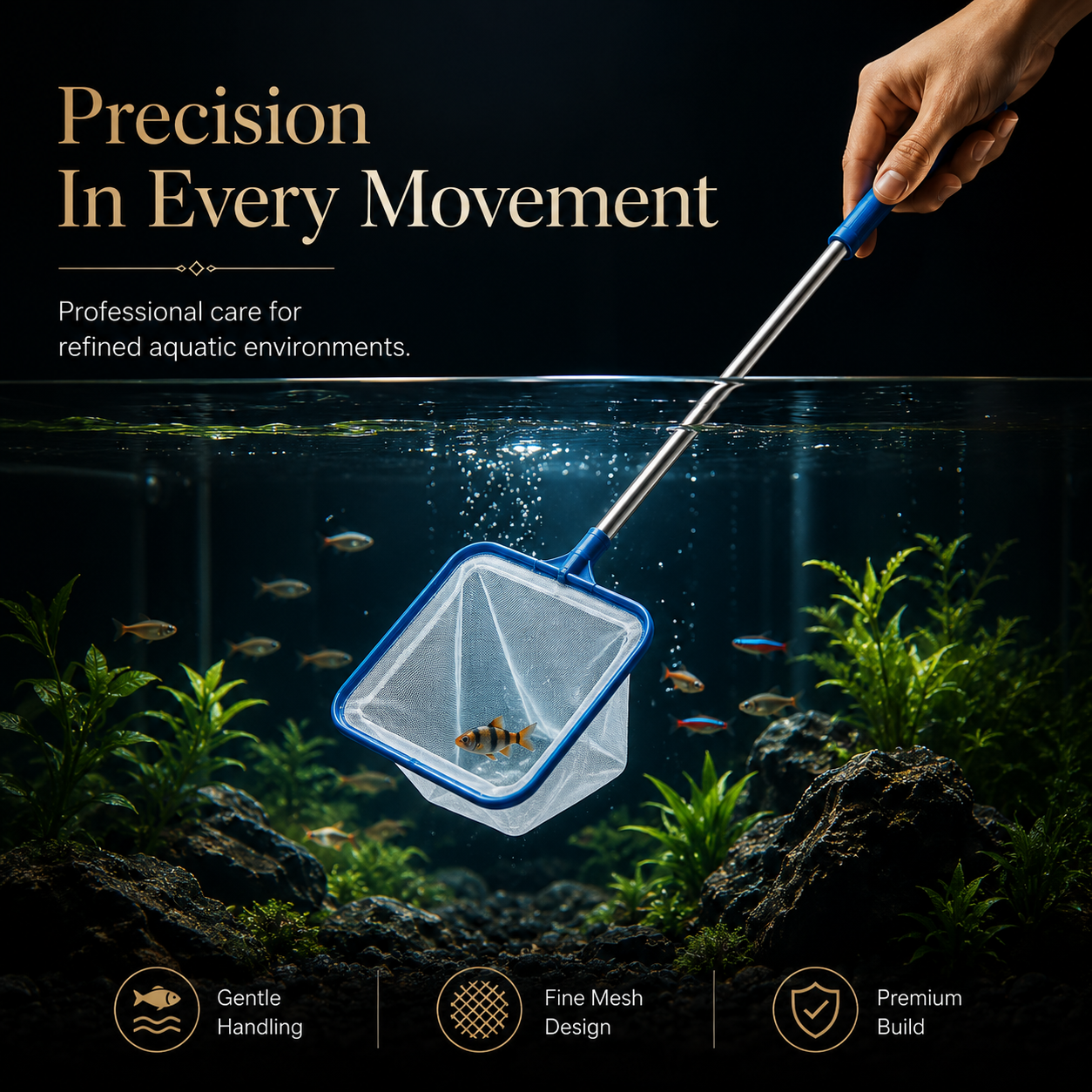 AquaCare Fine Mesh Aquarium Fish Net, Telescopic Stainless Steel Handle, Soft Fish Catching & Tank Maintenance Net, 100cm