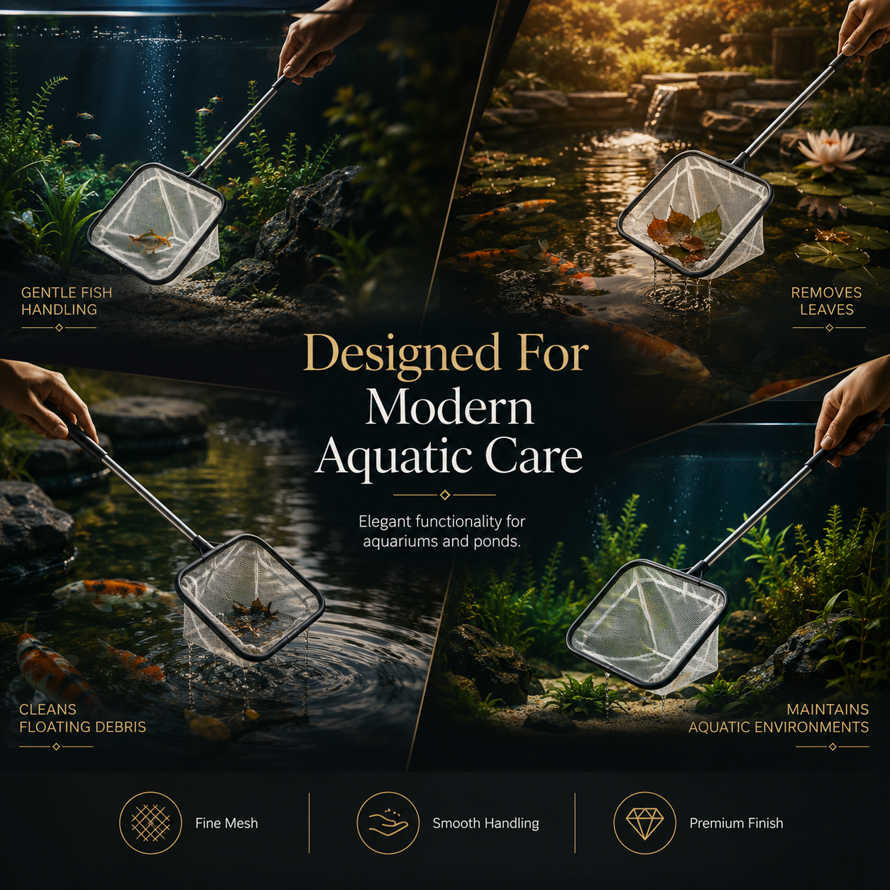 AquaCare Fine Mesh Aquarium Fish Net, Telescopic Stainless Steel Handle, Soft Fish Catching & Tank Maintenance Net, 100cm