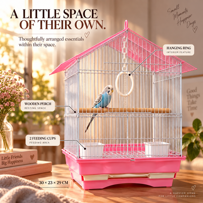 Pink & White Premium Bird Cage – 30 × 23 × 29 CM