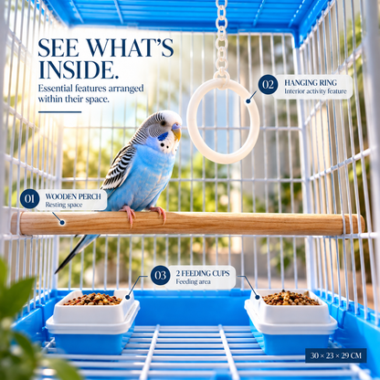 Blue & White Premium Bird Cage – 30 × 23 × 29 CM