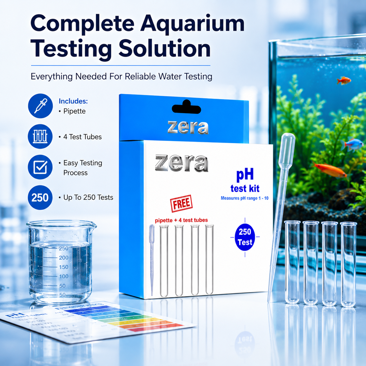 ZERA PH TEST KIT FOR AQUARIUM WATER TESTING – PROFESSIONAL PH MONITORING KIT | 250 TESTS | FAST & ACCURATE RESULTS | MEASURES PH RANGE 1–10