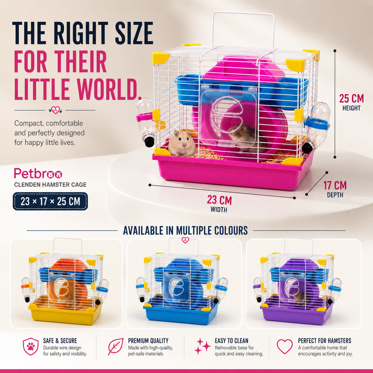 Petbroo Cleanden Hamster Cage with Exercise Wheel, 23 × 17 × 25 cm