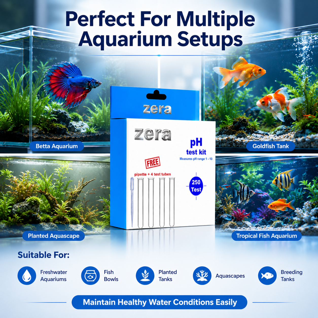 ZERA PH TEST KIT FOR AQUARIUM WATER TESTING – PROFESSIONAL PH MONITORING KIT | 250 TESTS | FAST & ACCURATE RESULTS | MEASURES PH RANGE 1–10
