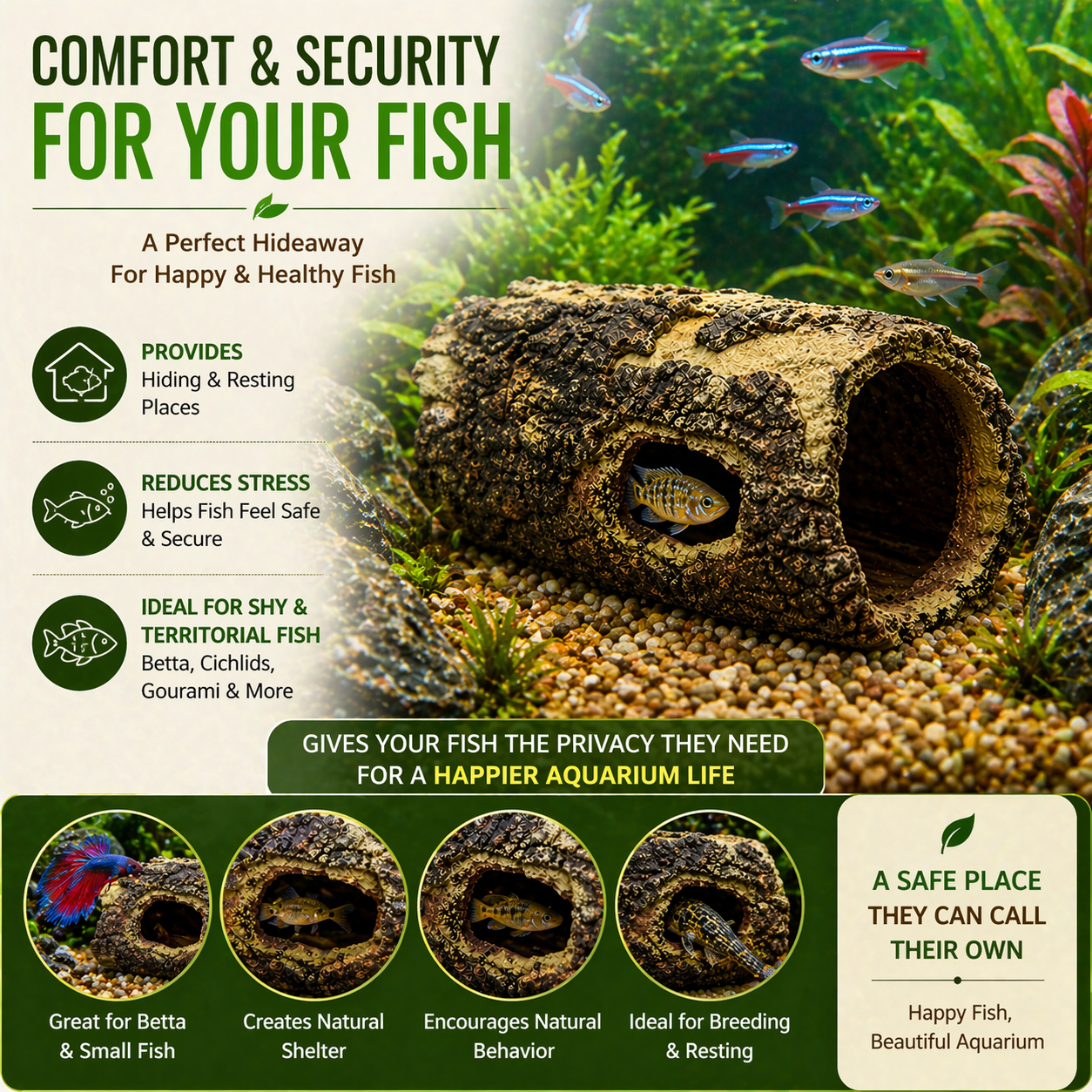 Natural Wood Design Ornament Hideout Aquarium Decoration Log Cave for Fish Tank