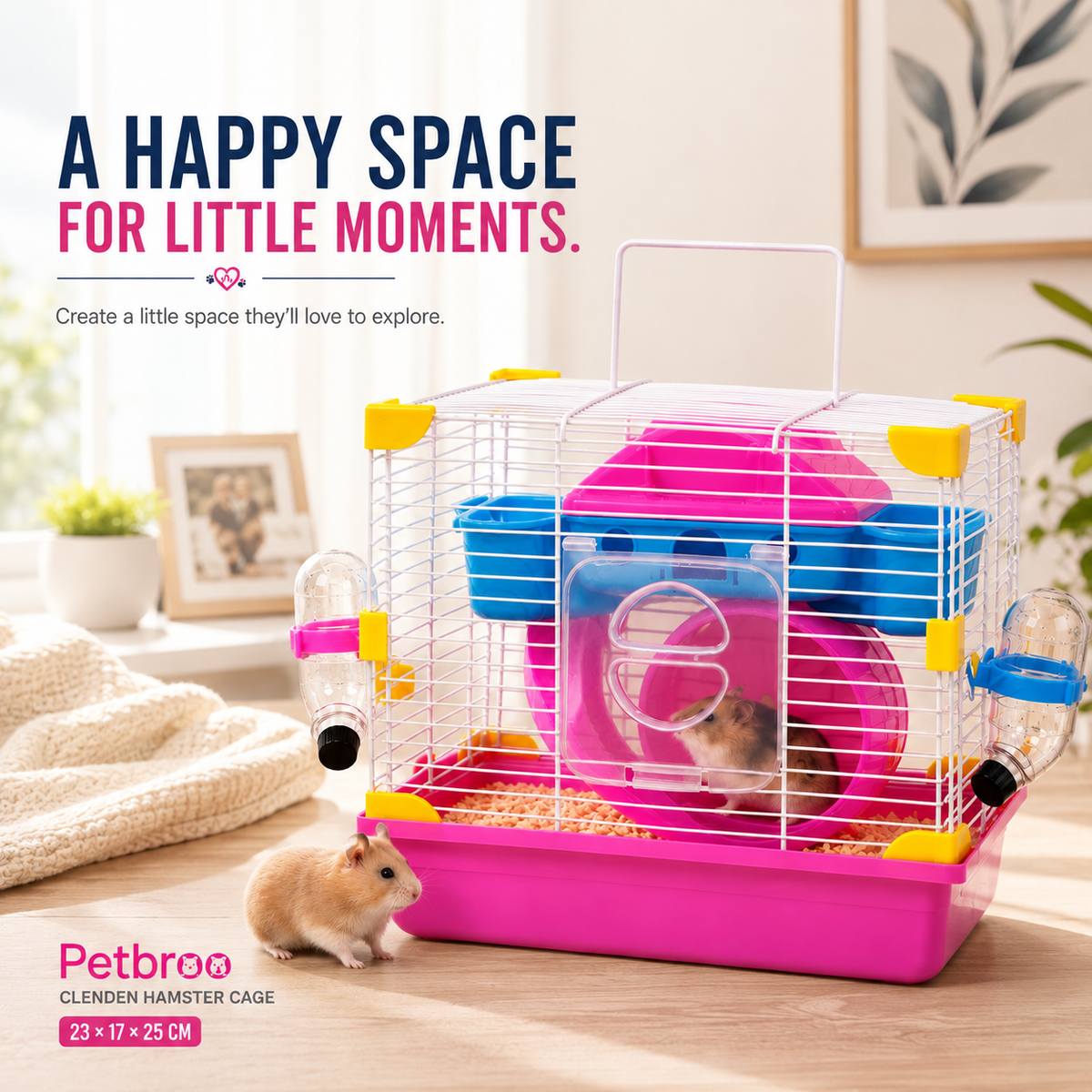 Petbroo Cleanden Hamster Cage with Exercise Wheel, 23 × 17 × 25 cm