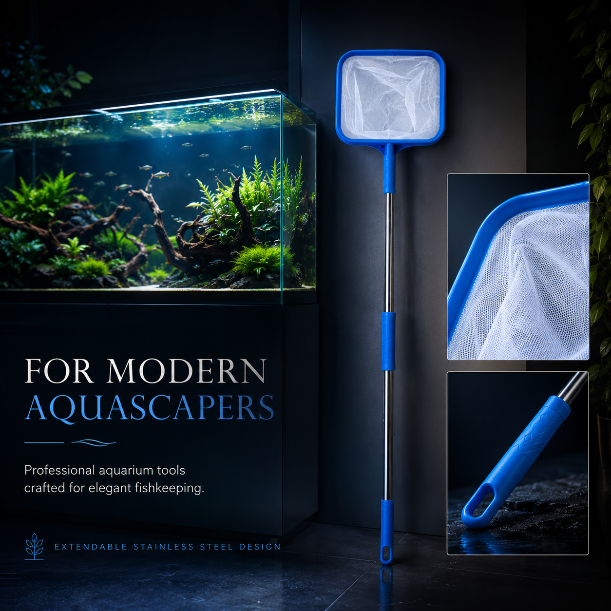 AquaCare Fine Mesh Aquarium Fish Net, Telescopic Stainless Steel Handle, Soft Fish Catching & Tank Maintenance Net, 100cm