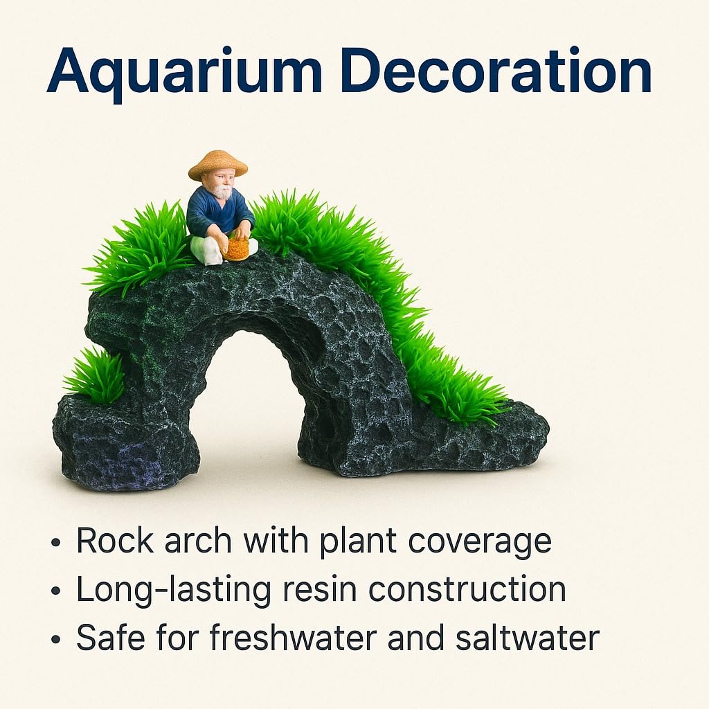 Aquarium Decoration Arch with Green Plants & Fisherman Figurine 23×17×14 cm