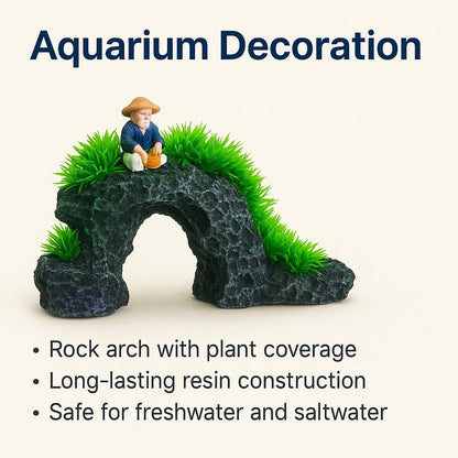 Aquarium Decoration Arch with Green Plants & Fisherman Figurine 23×17×14 cm