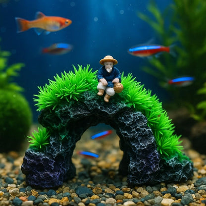 Aquarium Decoration Arch with Green Plants & Fisherman Figurine 23×17×14 cm