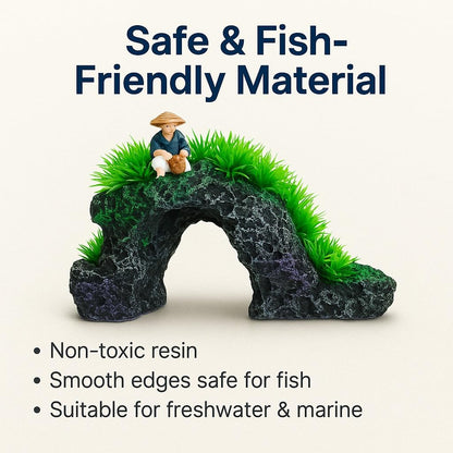 Aquarium Decoration Arch with Green Plants & Fisherman Figurine 23×17×14 cm