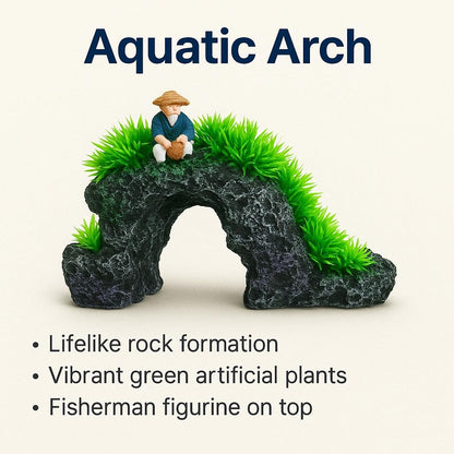 Aquarium Decoration Arch with Green Plants & Fisherman Figurine 23×17×14 cm