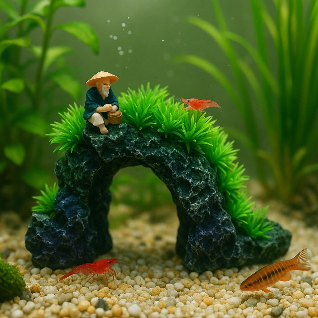 Aquarium Decoration Arch with Green Plants & Fisherman Figurine 23×17×14 cm