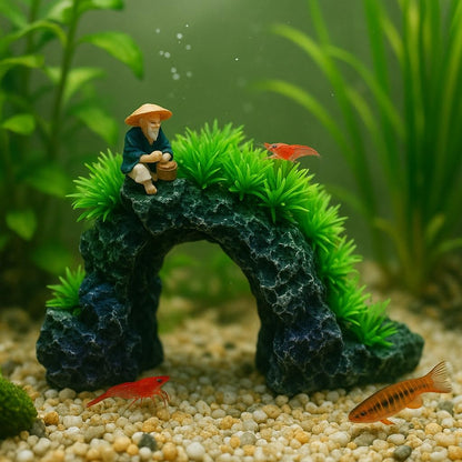 Aquarium Decoration Arch with Green Plants & Fisherman Figurine 23×17×14 cm