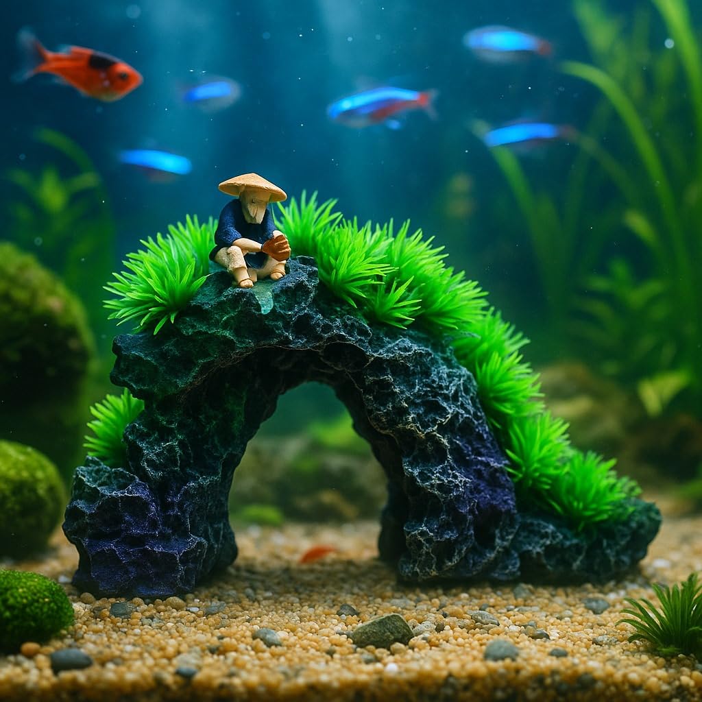 Aquarium Decoration Arch with Green Plants & Fisherman Figurine 23×17×14 cm