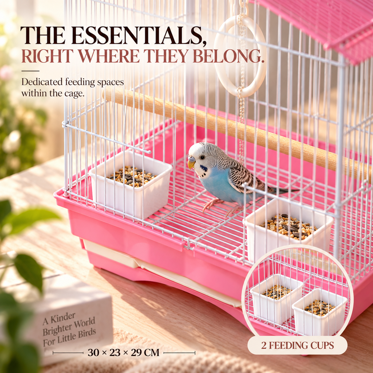 Pink & White Premium Bird Cage – 30 × 23 × 29 CM