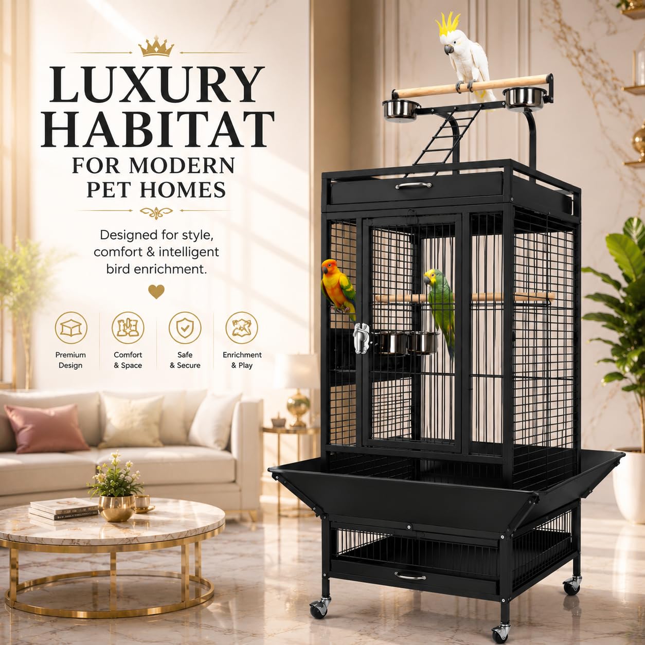Premium Playtop Large Black Bird Cage 67×67×156 cm for Conure Cage A10
