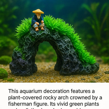 Aquarium Decoration Arch with Green Plants & Fisherman Figurine 23×17×14 cm