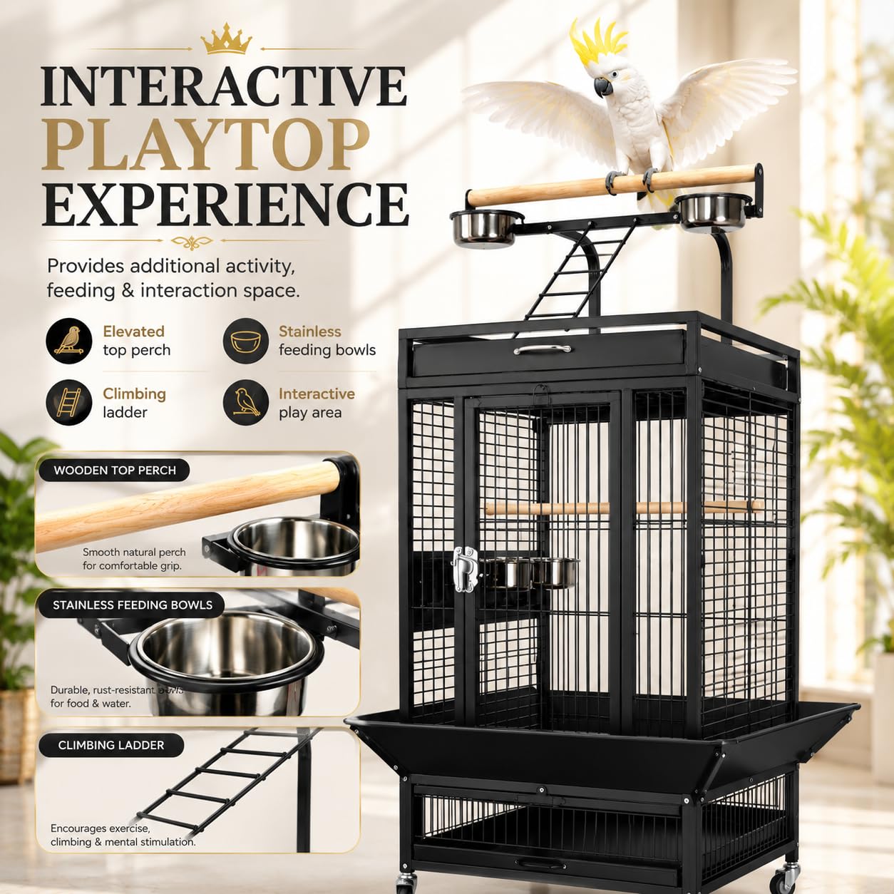 Premium Playtop Large Black Bird Cage 67×67×156 cm for Conure Cage A10