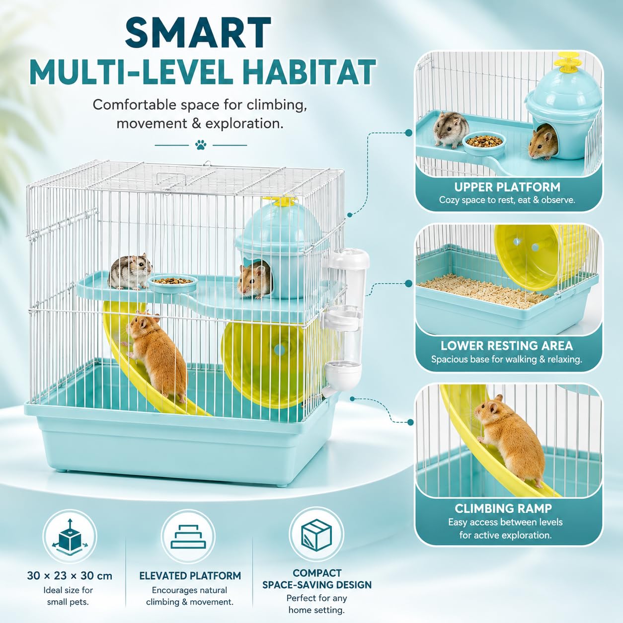 Compact Hamster Cage with Exercise Wheel, Ramp & Platform 30x23x30 cm