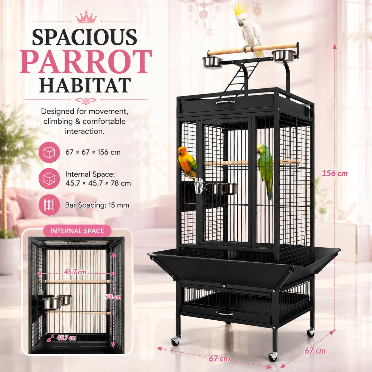 Premium  Playtop Large Pink Bird Cage 67×67×156 cm for Conure Cage A10