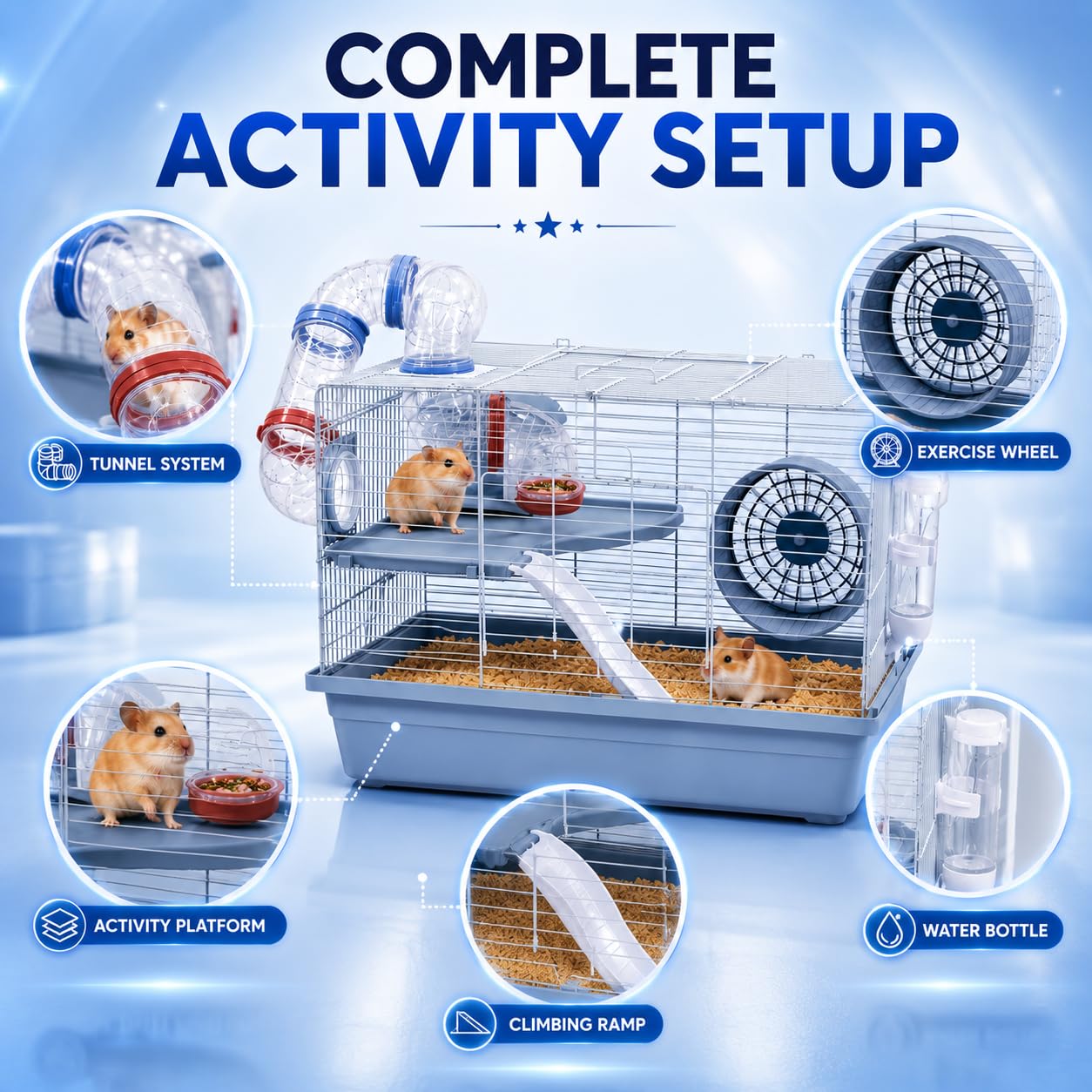 Dear pet Dayang Hamster Cage with Tunnel System, Exercise Wheel, Ramp & Platform 48x32x30.6 cm
