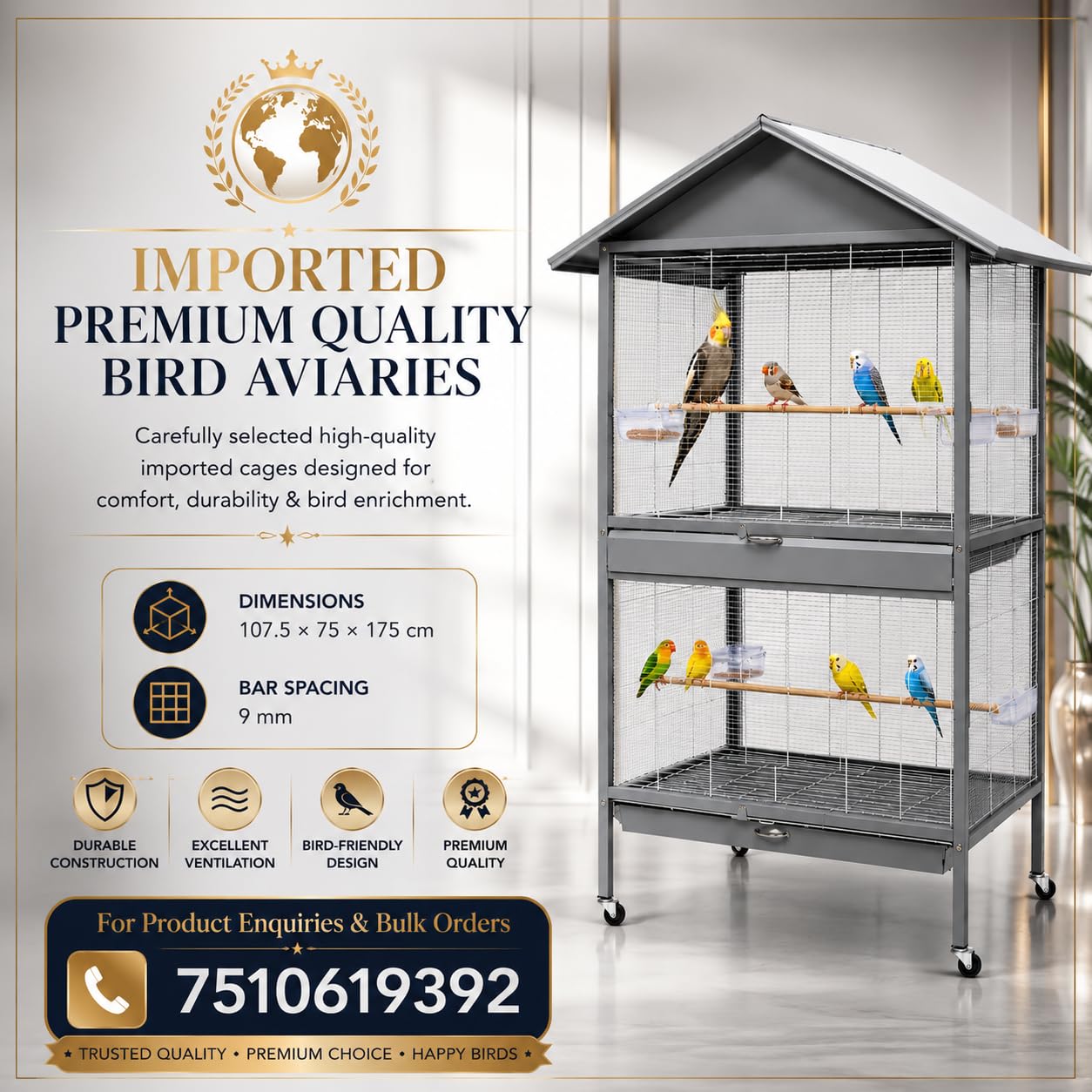 Dear Pet DAYANG A26-1Large Aviary Bird Cage 107.5×75×175 cm for Budgies, Lovebirds, Finches, Canaries & Cockatiels