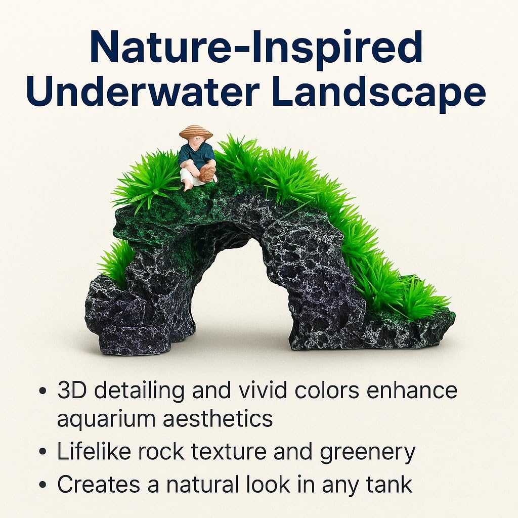 Aquarium Decoration Arch with Green Plants & Fisherman Figurine 23×17×14 cm