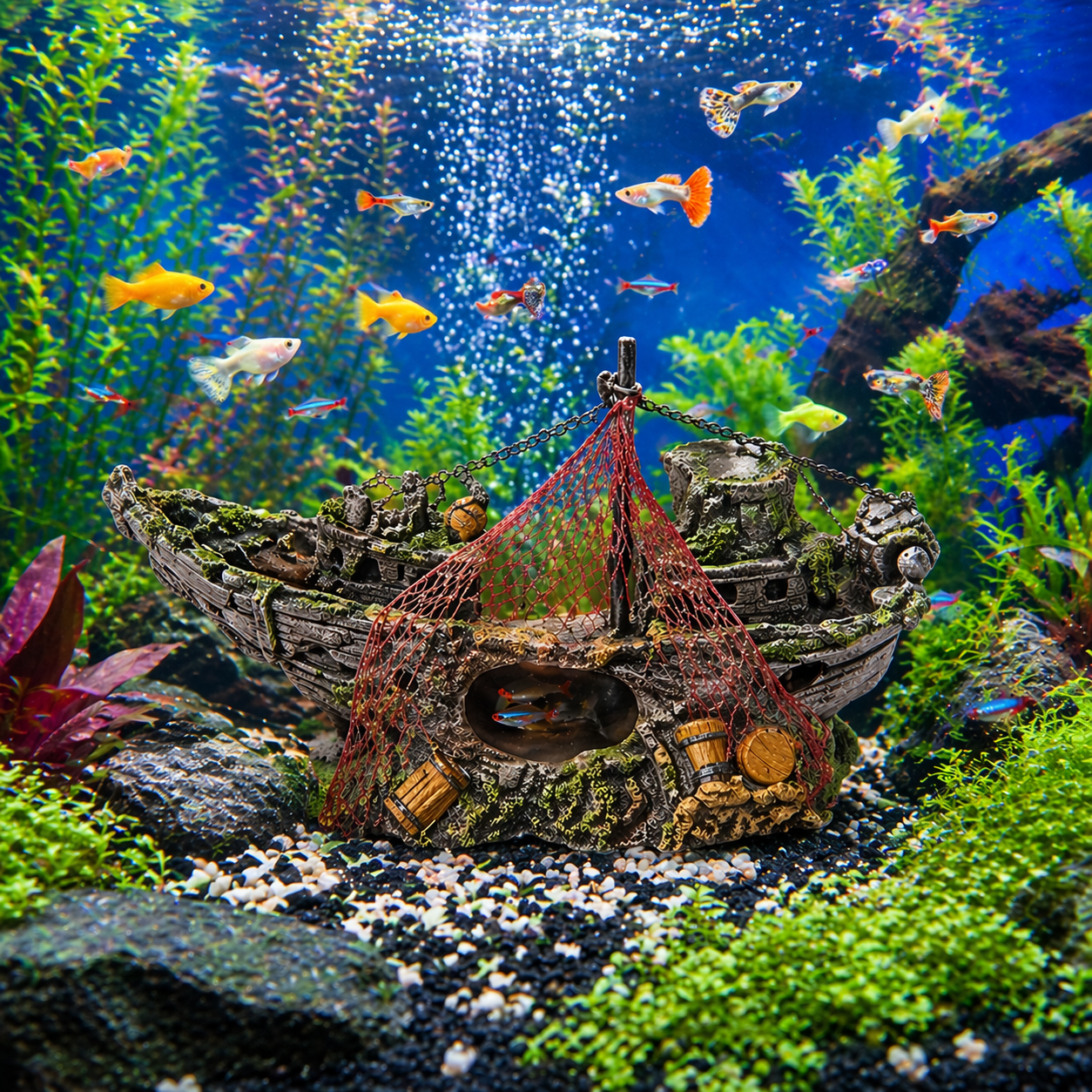 Aquarium Shipwreck Decoration with Net & Cave Design