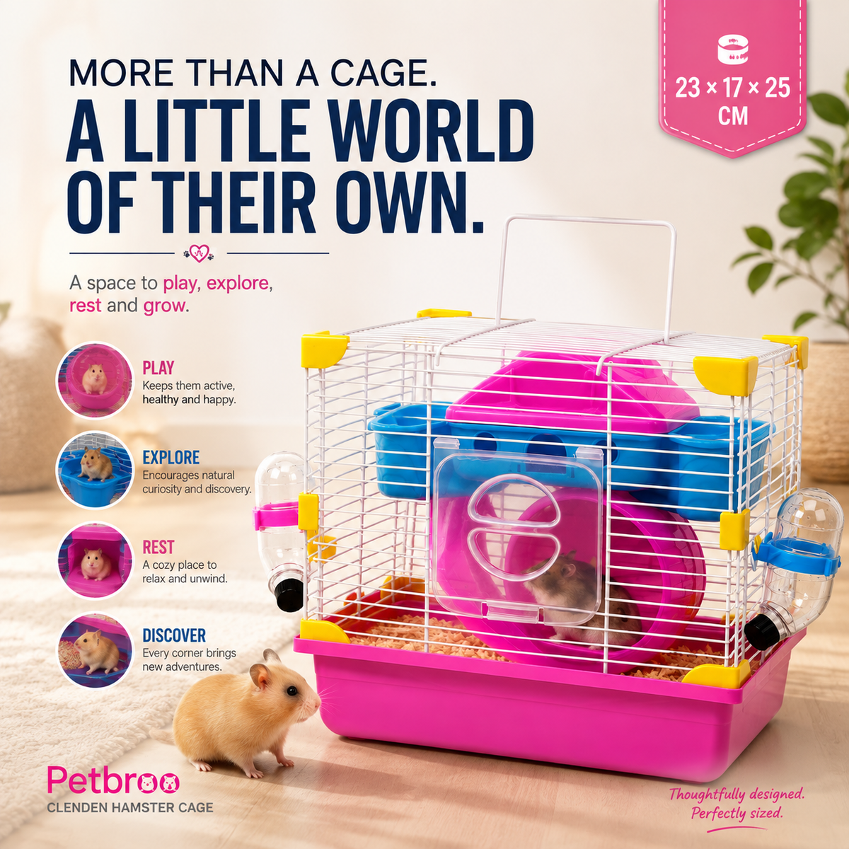 Petbroo Cleanden Hamster Cage with Exercise Wheel, 23 × 17 × 25 cm