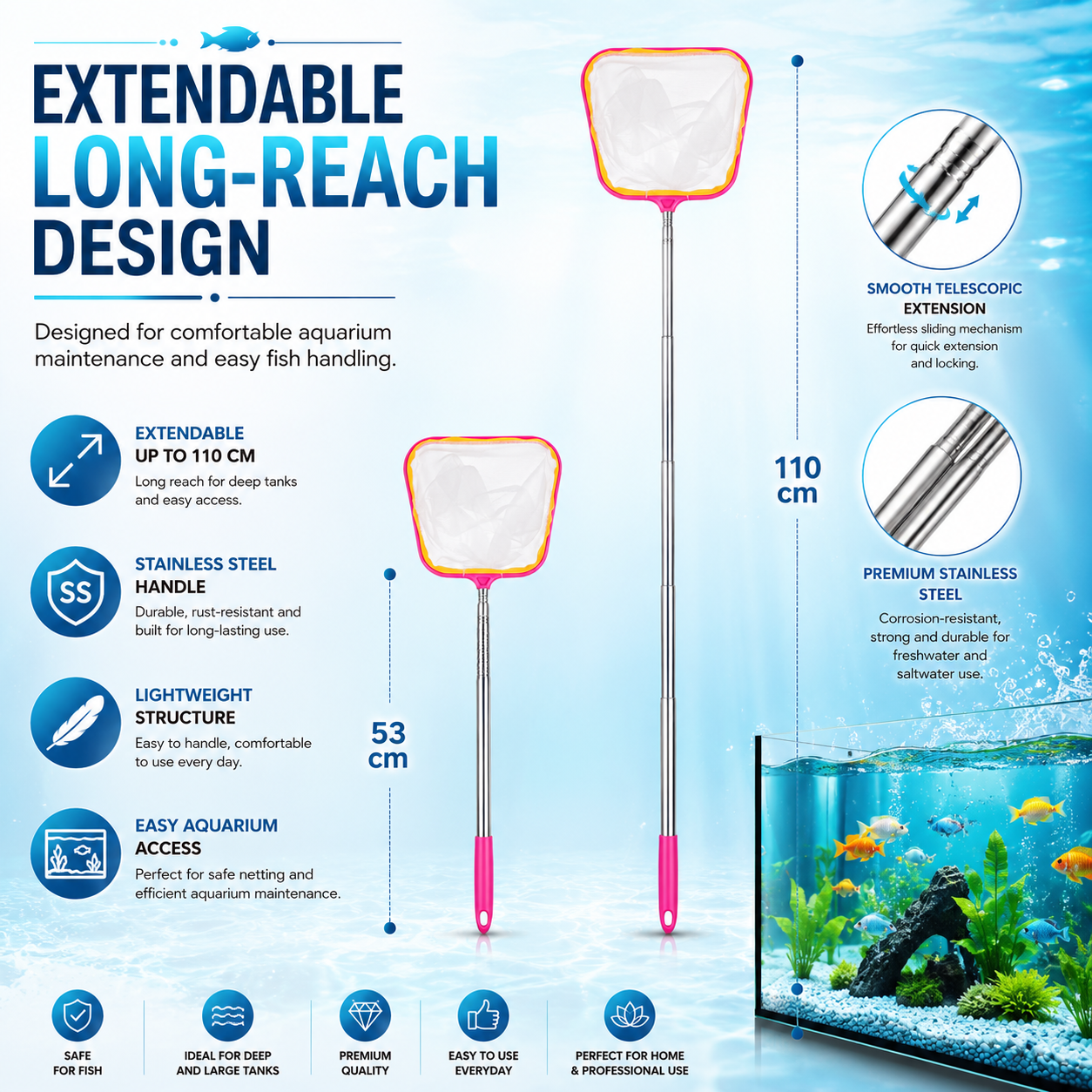 Telescopic Aquarium Fish Net LARGE SIZE, Extendable 53-110 cm