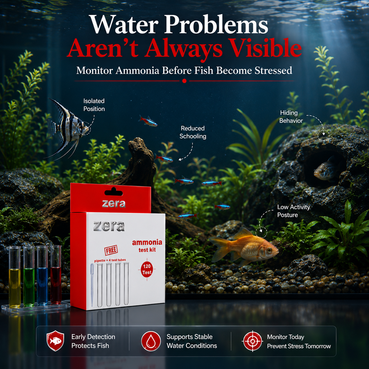 ZERA AMMONIA TEST KIT FOR AQUARIUM WATER TESTING – PROFESSIONAL AMMONIA MONITORING KIT | 120 TESTS | FAST, ACCURATE & RELIABLE RESULTS