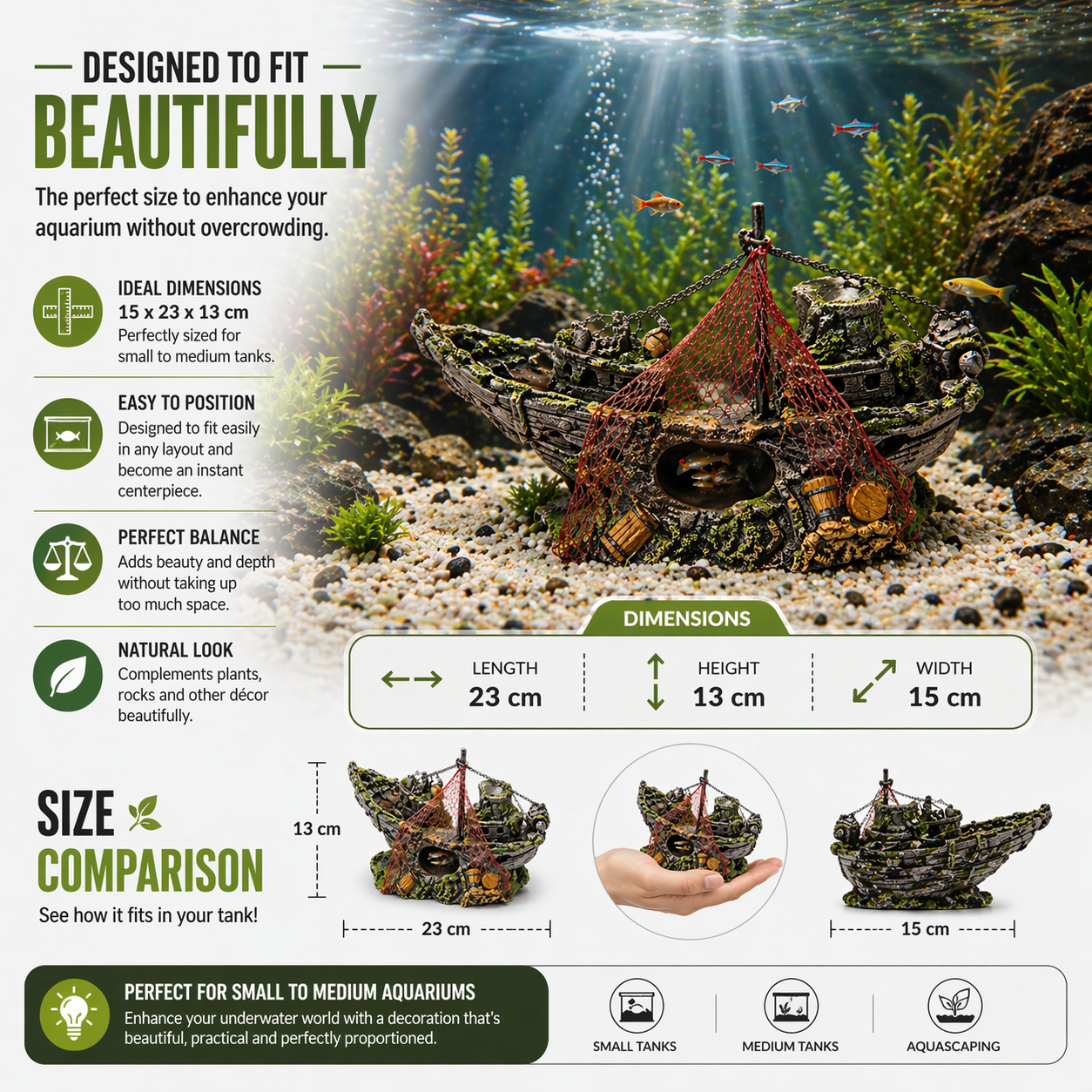 Aquarium Shipwreck Decoration with Net & Cave Design