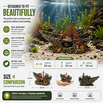 Aquarium Shipwreck Decoration with Net & Cave Design