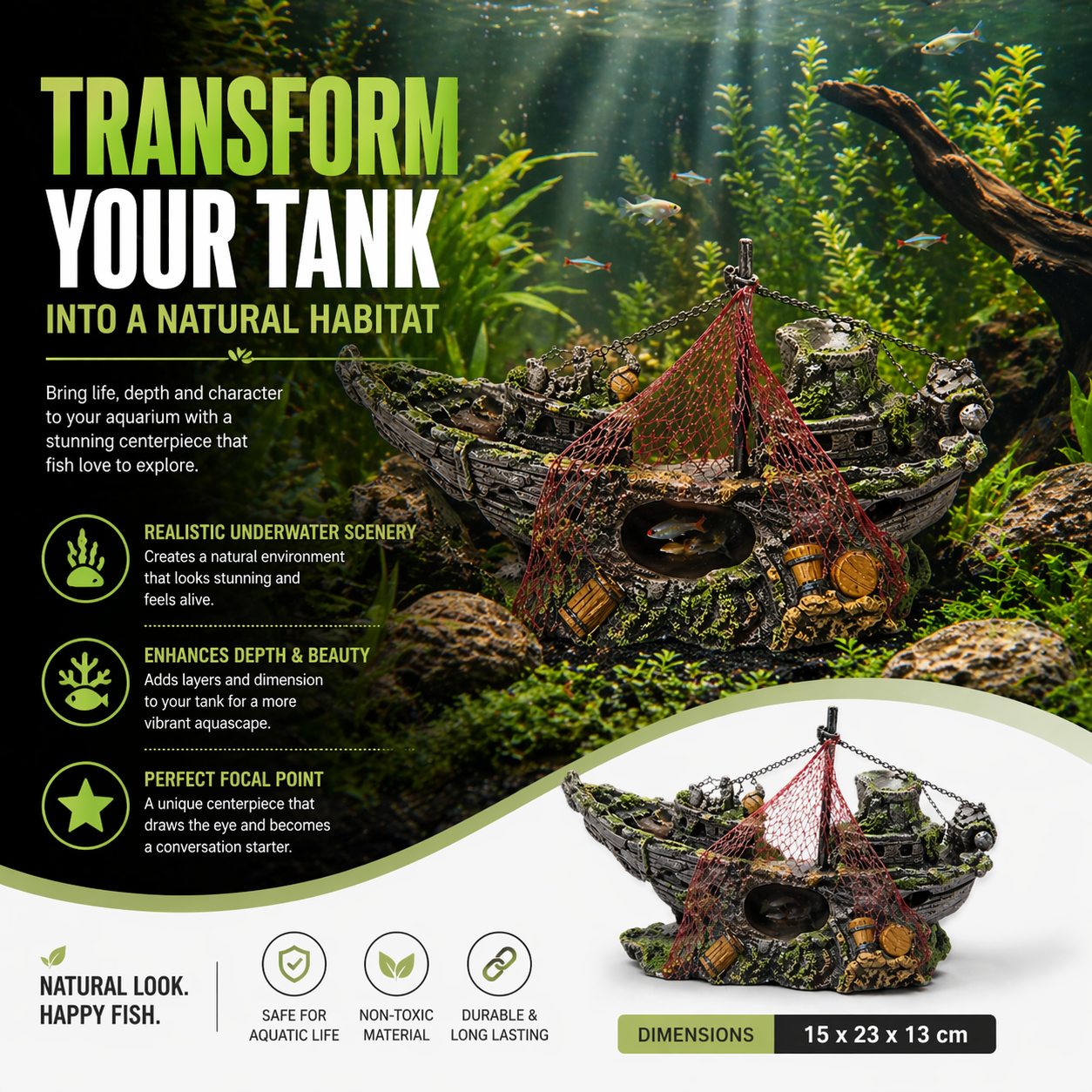 Aquarium Shipwreck Decoration with Net & Cave Design