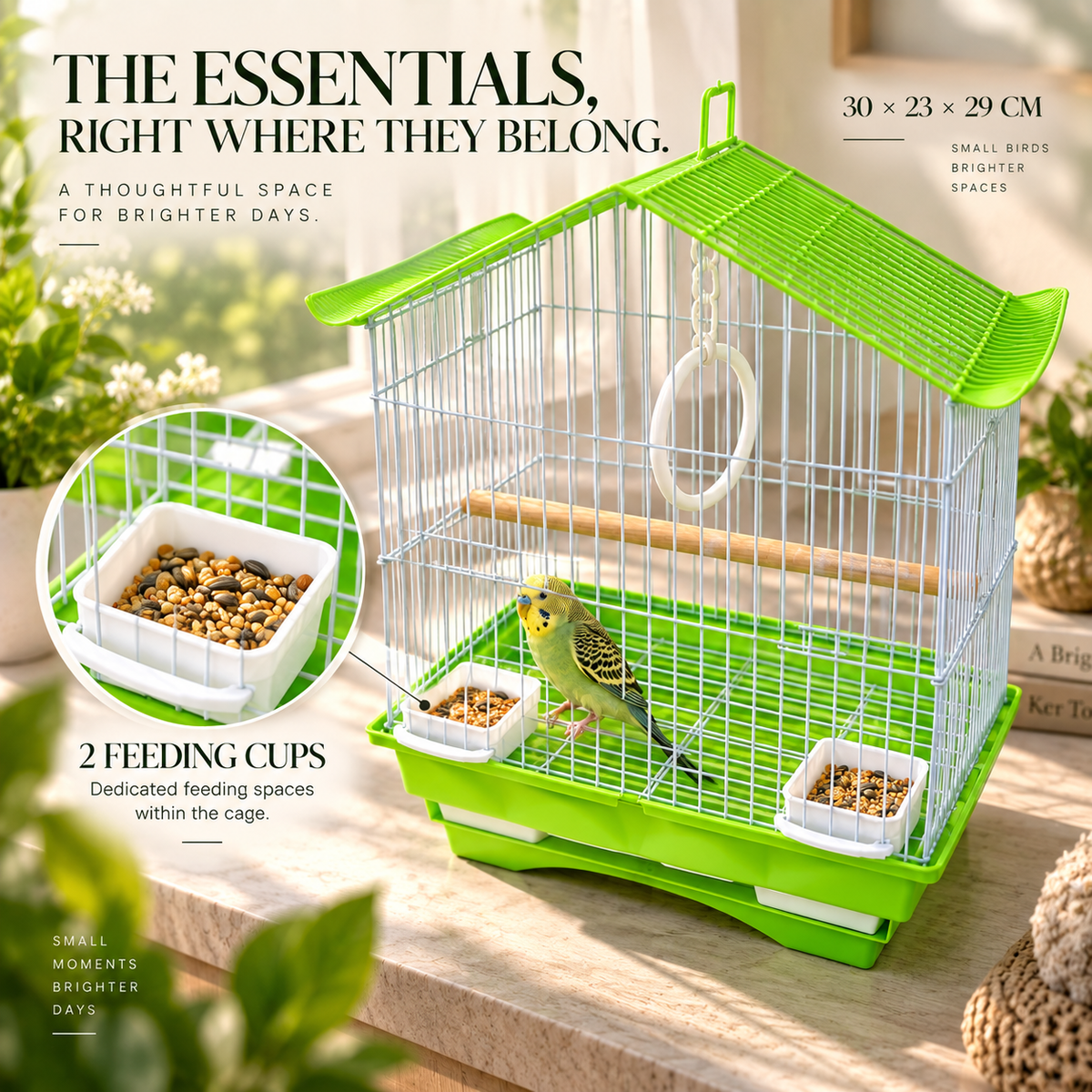 Green & White Premium Bird Cage – 30 × 23 × 29 CM