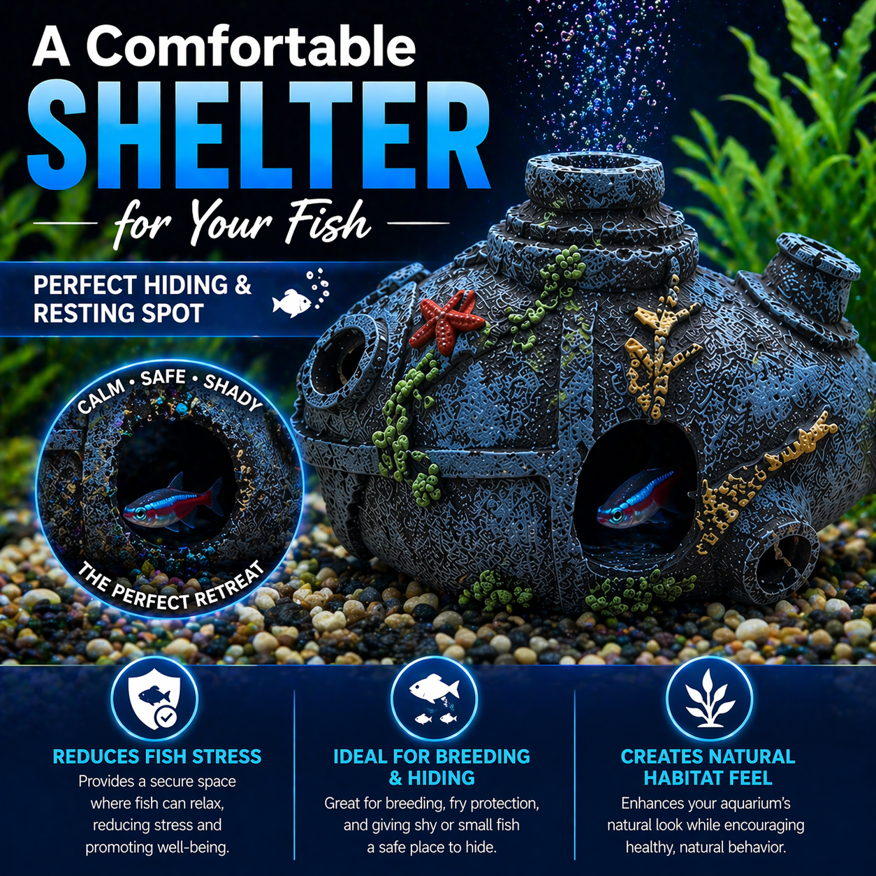 Aquarium Decoration Cave Ornament Fish Tank Submarine Hideout Resin Decor 10x7x7 cm