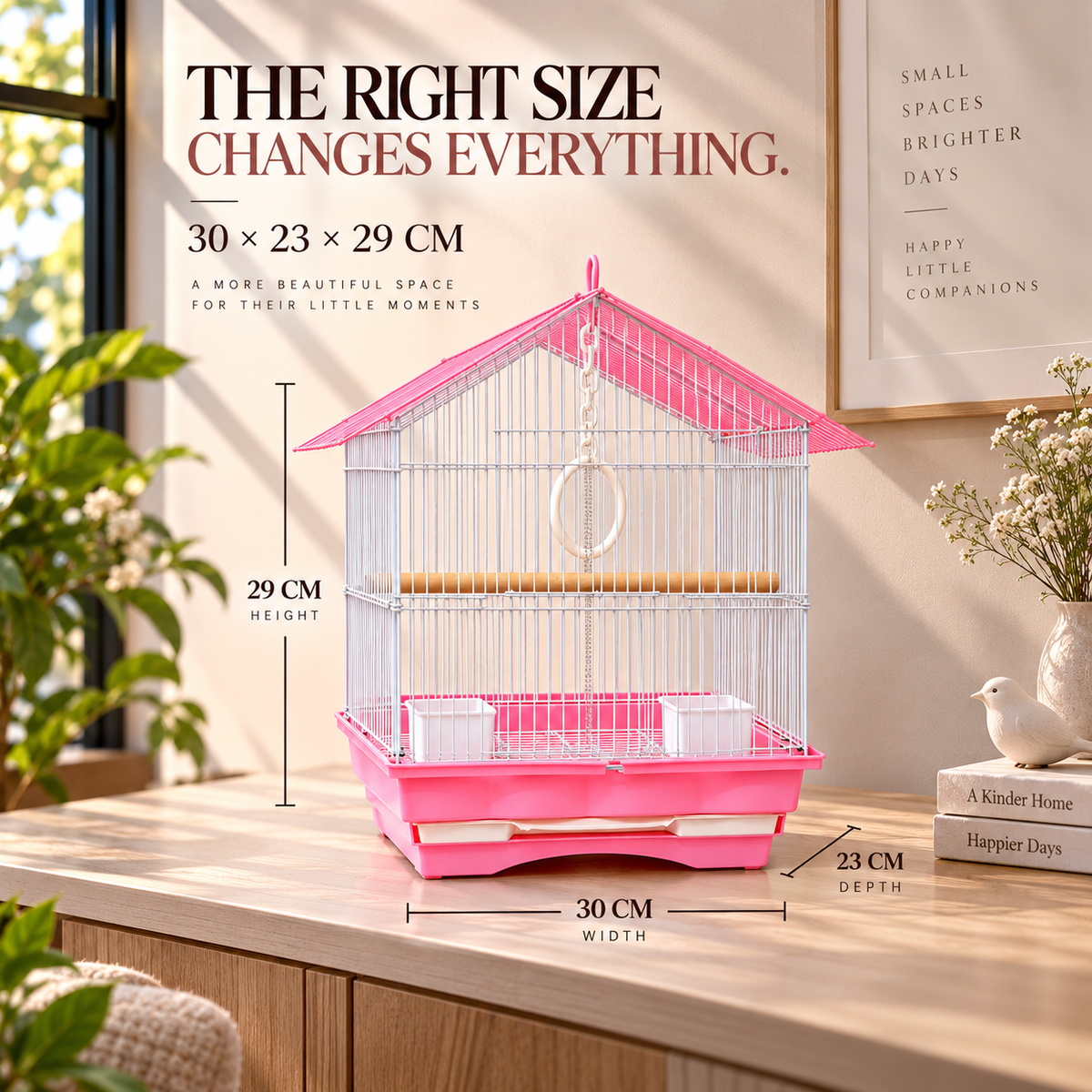 Pink & White Premium Bird Cage – 30 × 23 × 29 CM