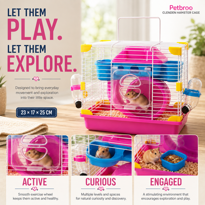 Petbroo Cleanden Hamster Cage with Exercise Wheel, 23 × 17 × 25 cm