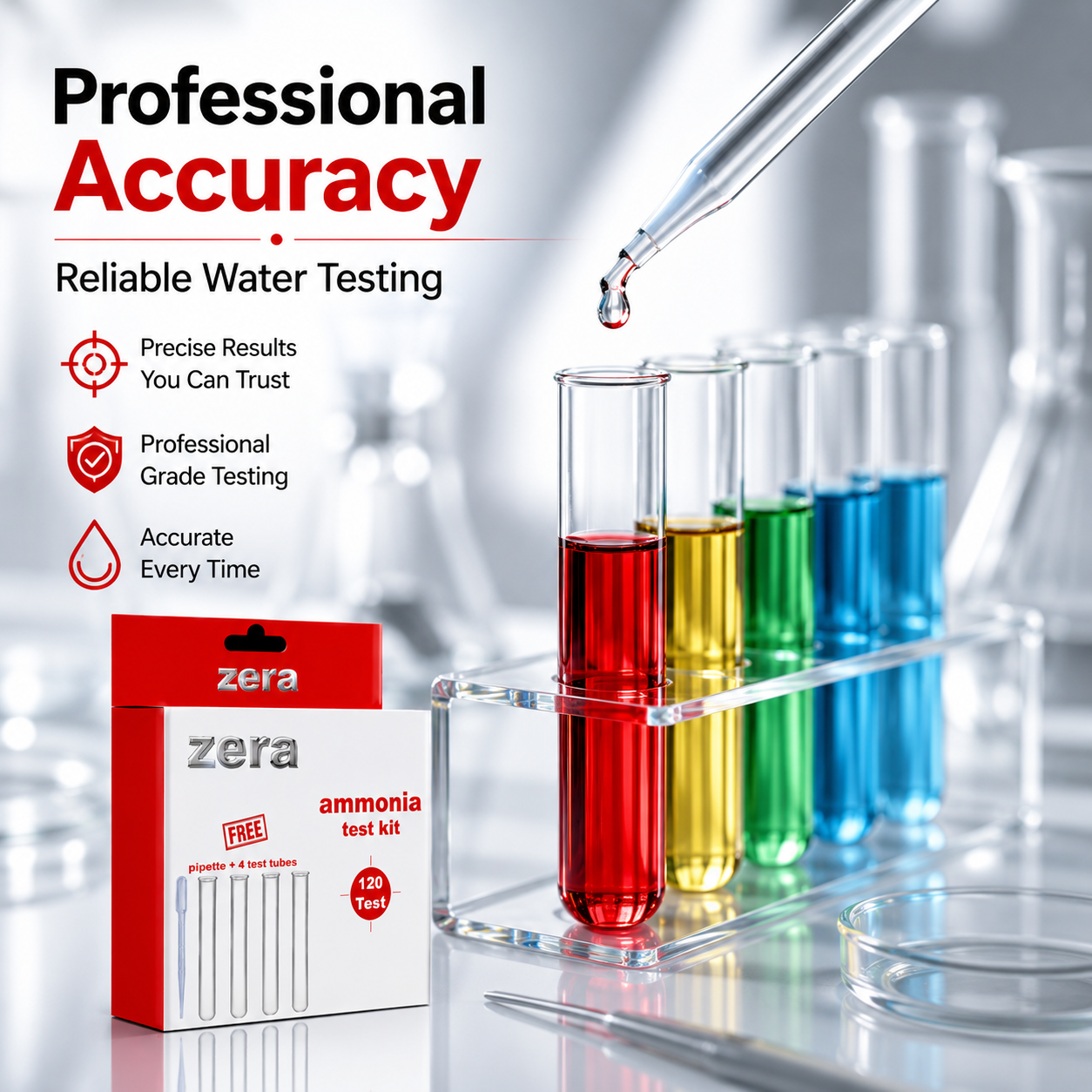 ZERA AMMONIA TEST KIT FOR AQUARIUM WATER TESTING – PROFESSIONAL AMMONIA MONITORING KIT | 120 TESTS | FAST, ACCURATE & RELIABLE RESULTS