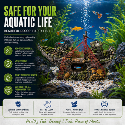 Aquarium Shipwreck Decoration with Net & Cave Design