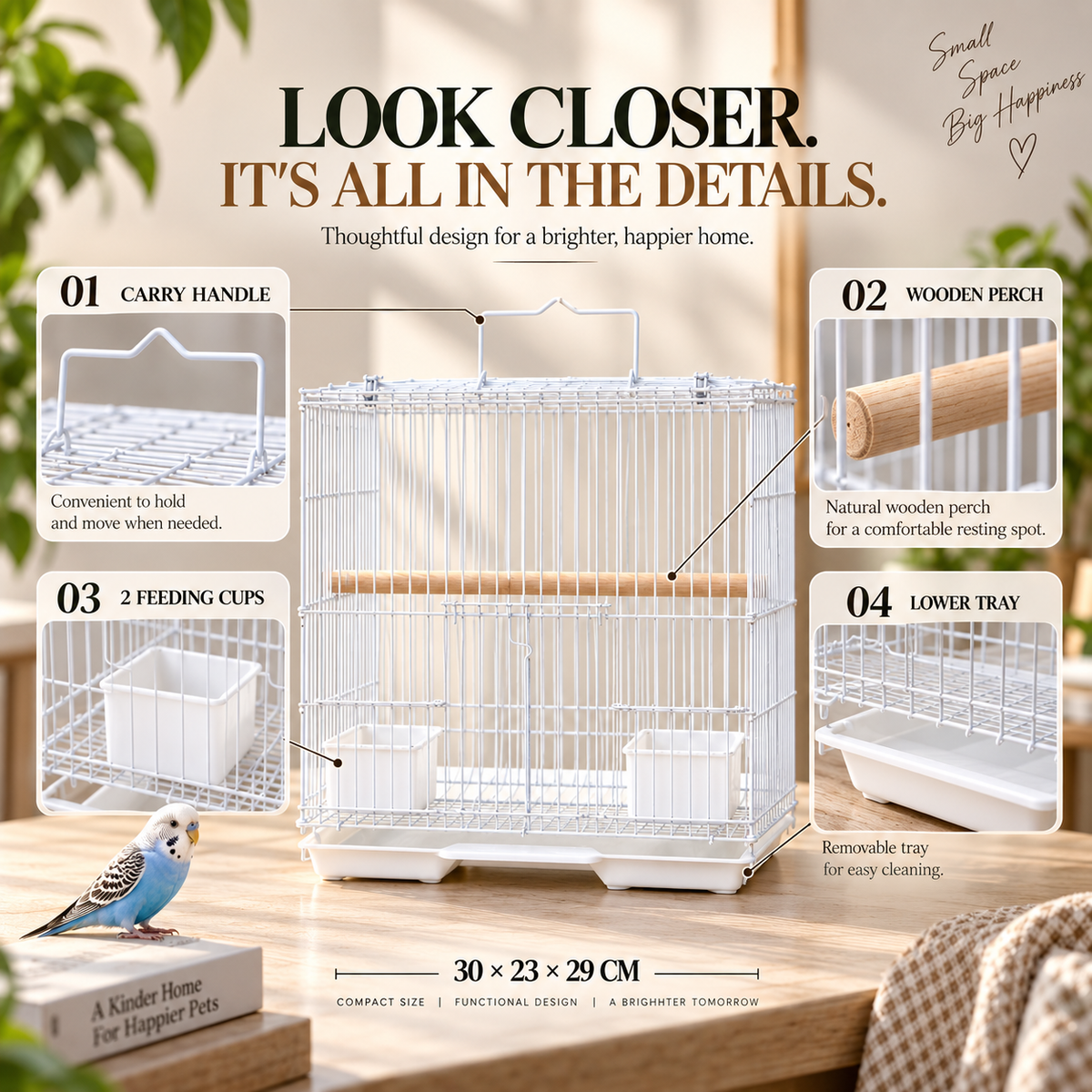 White Premium Bird Cage – 30 × 23 × 29 CM