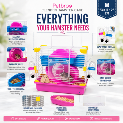Petbroo Cleanden Hamster Cage with Exercise Wheel, 23 × 17 × 25 cm