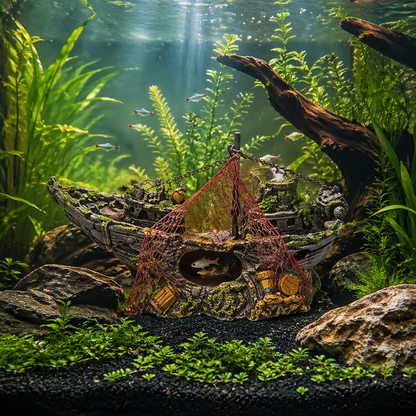 Aquarium Shipwreck Decoration with Net & Cave Design